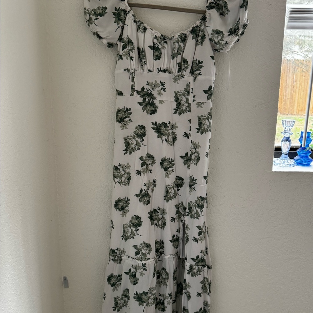 Hollister White Maxi Dress with Green Floral Print